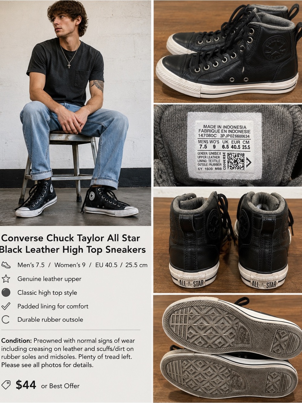 Converse Chuck Taylor All Star Black Leather High Top Sneakers Men 7.5 Women 9